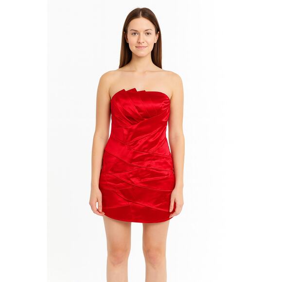 IZ Byer Red Strapless Satin Mini Dress - Junior Size 13, Pleated Ruched Cocktail - Picture 1 of 8